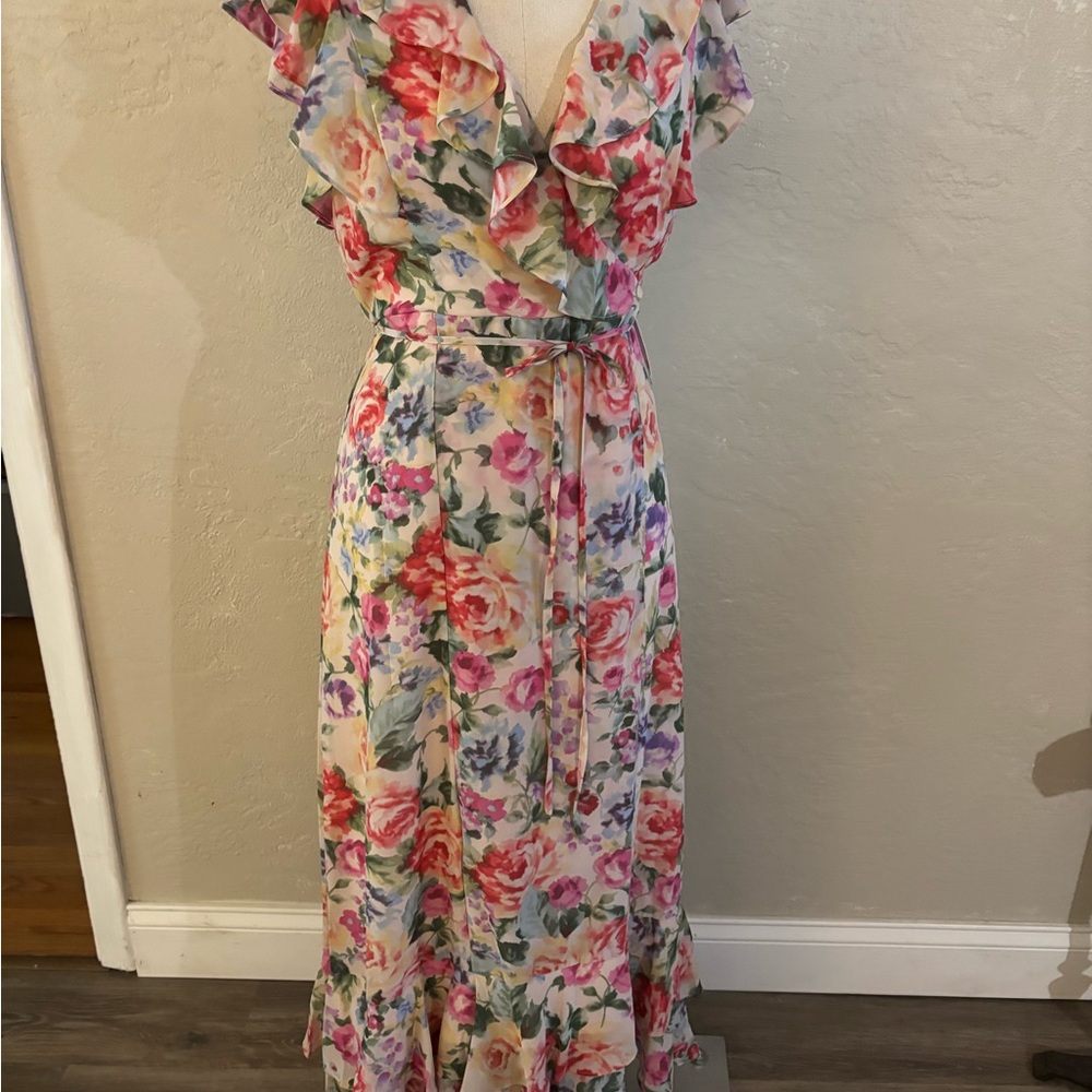 Melonie T Floral Ruffle V-Neck Maxi Dress Sz 2P NWT
